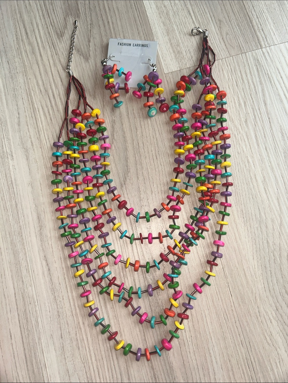 Multi-Color Layered Wooden Bead Necklace Earring Set NWT